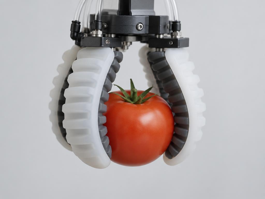 柔らかい素材でできたロボットハンドが果物をつかんでいる様子